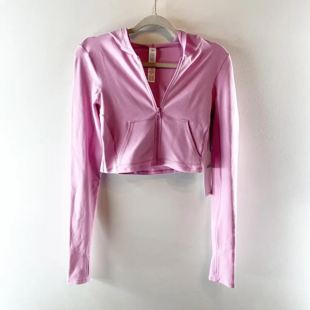 Alo Alosoft Sincere Fitted Full Zip Cropped Hoodie Jacket Candy Heart Pink Small